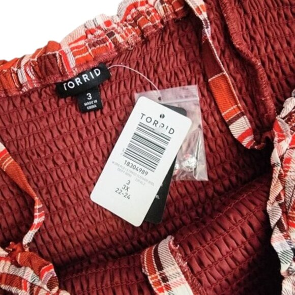 Torrid Cold Shoulder Babydoll Top Crinkle Gauze Smocked Size 3 Red Plaid Fall - Picture 6 of 7